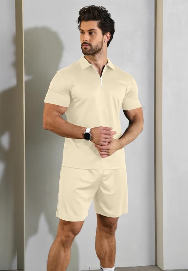 Detalle de KUYIGO Herren Sommer-Poloshirt & Shorts 2-teiliges Set aus Polyester/Spandex