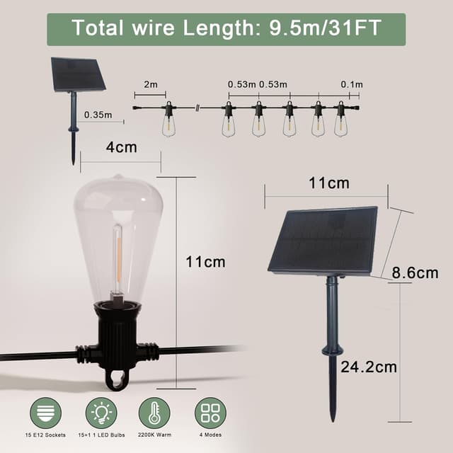 Thumbnail 4 de Solar Festoon Lights Outdoor (9.5m/31ft) with 15+1 Shatterproof LED Bulbs – Warm White, IP65