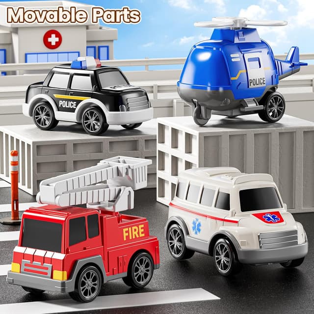 Thumbnail 6 de JUKUDAHU 5-in-1 Play Ambulance Vehicle Set (Friction-Powered Police, Fire, Ambulance + Helicopter)