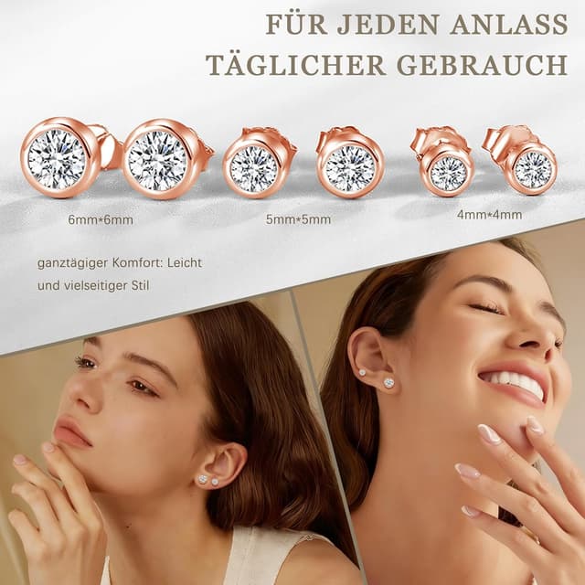 Detalle de Bewenda Ohrringe Silber 925 Stecker mit Zirkonia (4/5/6 mm) – Hypoallergen, Schlafen-geeignet in Geschenkbox