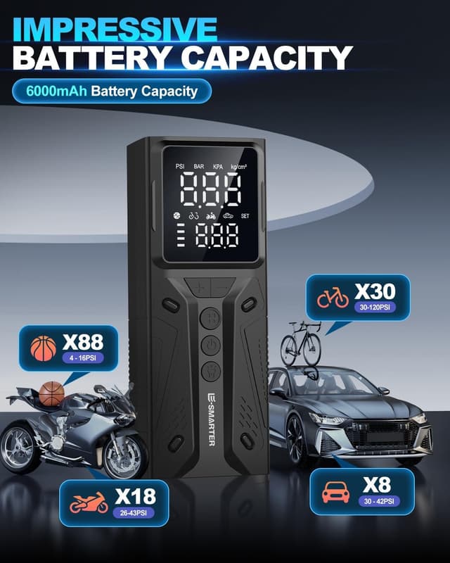 Thumbnail 6 de E-SMARTER Tyre Inflator Air Compressor 6000mAh (150 PSI) with LCD and overinflate protection