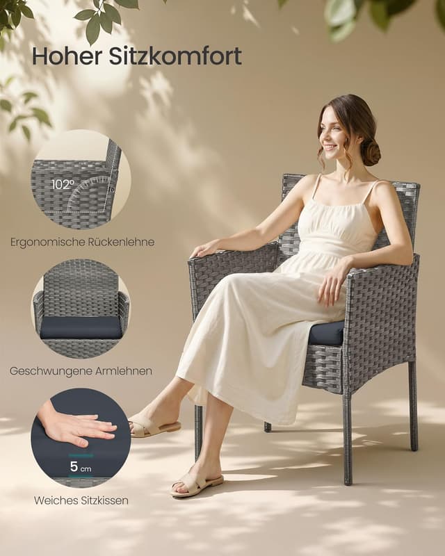 Detalle de SONGMICS Gartenmöbel-Set 4-teilig (Gartenmöbel aus PE-Polyrattan) mit Tisch, 2 Stühlen und 2-Sitzer-Bank – grau GGF004TZ01