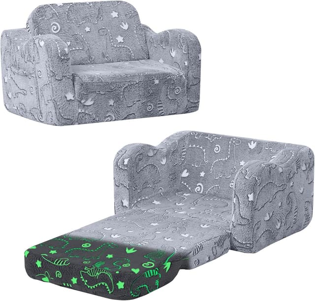 Detalle de MeMoreCool Glow-in-the-Dark Dinosaur Kids Couch (2-in-1 Foldable Lounger) for Ages 1–3