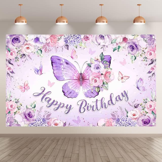 Detalle 2 de Luminora 72x43 inch Purple Butterfly Happy Birthday backdrop (watercolour floral pink rose)