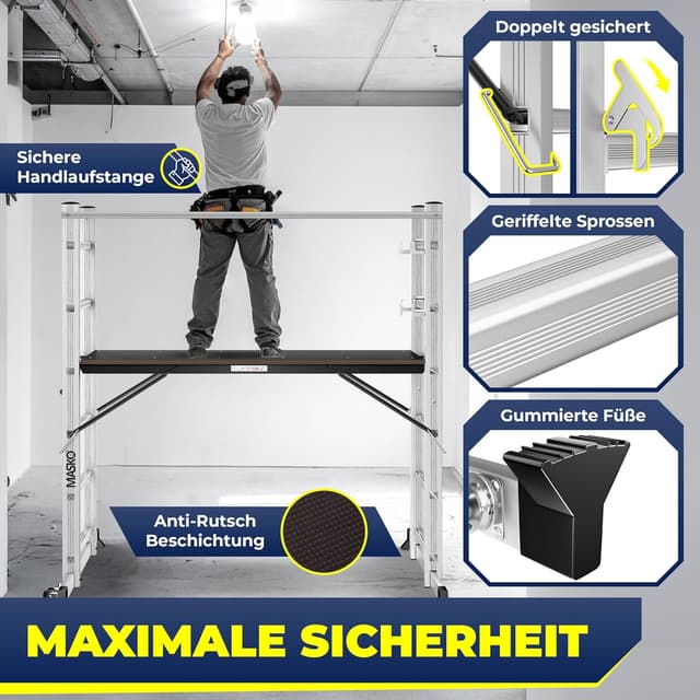 Detalle de Masko® Baugerüst Alugerüst „4in1“ mit Anlegeleiter, Bockleiter und Arbeitsbühne – bis 150 kg belastbar