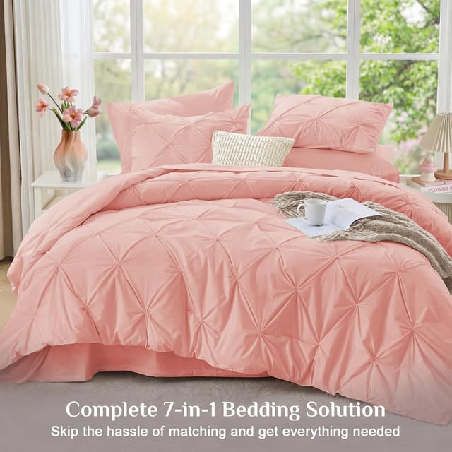 Detalle 2 de JOLLYVOGUE Queen Comforter Set (7-Piece) with Pintuck Microfiber Bedding, Pink