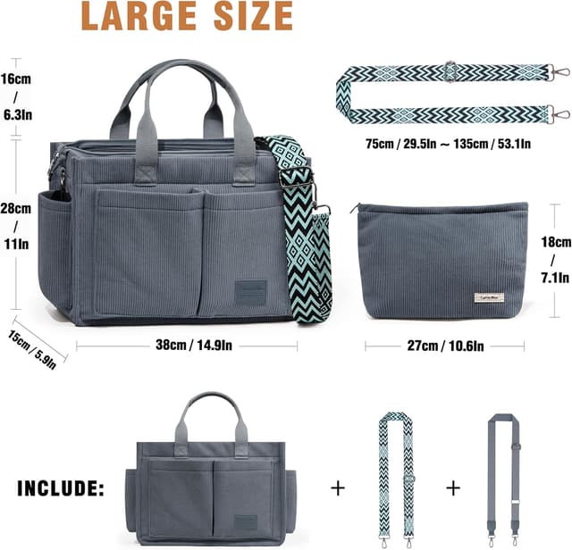 Detalle de Captain Blues Corduroy Tote Bag for Women with Zipper, Large Capacity Work & School Bag