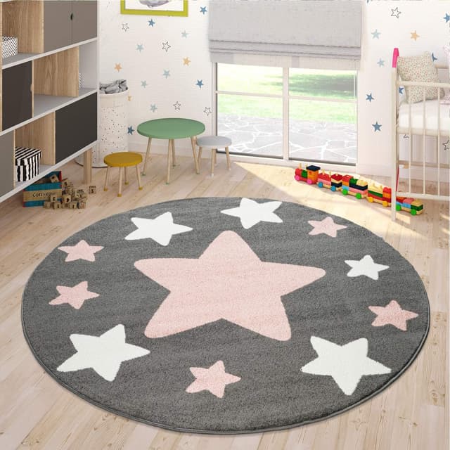 Detalle de Tapis d’enfant Paco Home rond étoiles gris et rose — 200 cm, 100% polypropylène