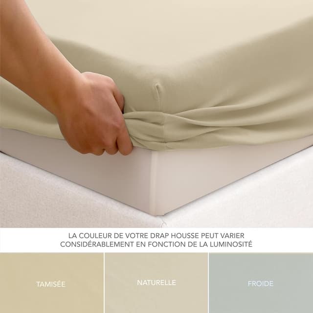 Detalle de Dreamzie Drap housse 140x190/140x200 en coton jersey extensible, bonnet 25 cm (Oeko-Tex) Beige