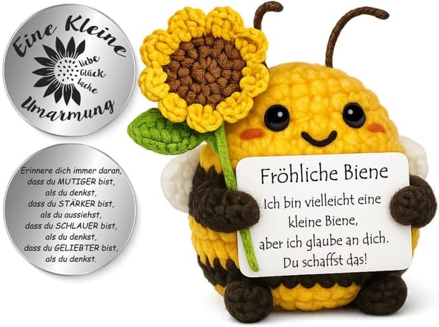 Detalle de Tixlux Pocket Hug Fröhliche Biene mit Sonnenblumenstrauß – Strick-Dekofigur & Umarmungs-Glücksbringer