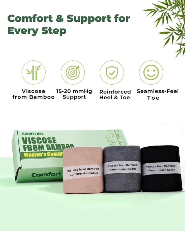 Detalle 2 de SAIWEYNEE Women’s Compression Socks (15–20 mmHg) Knee High, Bamboo Viscose, 3-Pair Set