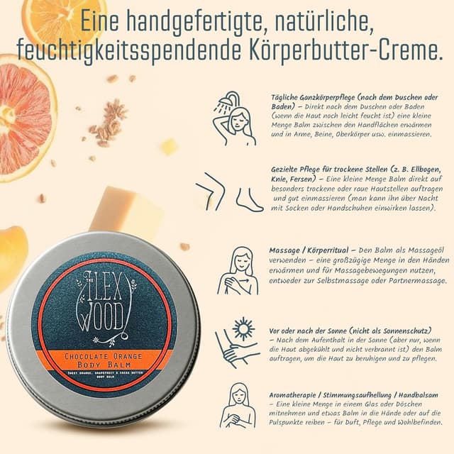 Detalle de Veganes Schoko-Orangen Körperbalsam (250 ml) mit Kakaobutter – plastikfrei & palmölfrei