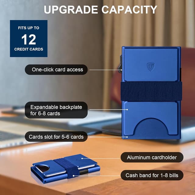 Detalle de TOYFID Smart Wallet für Herren: Kartenhülle für bis zu 12 Karten inkl. RFID-Blocker & Auswurftaste, Aluminium, Blau