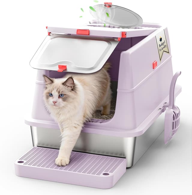 Detalle de BEST JAJA XXL Katzentoilette aus Edelstahl (V2A) mit 160° Klappdeckel & Geruchsfilter – geschlossenes 3-in-1 System