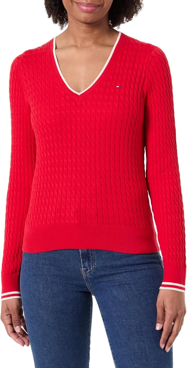 Detalle de Tommy Hilfiger Women’s Co Cable Fine GG V-neck Long Sleeve Pullover Sweater (WW0WW44987)