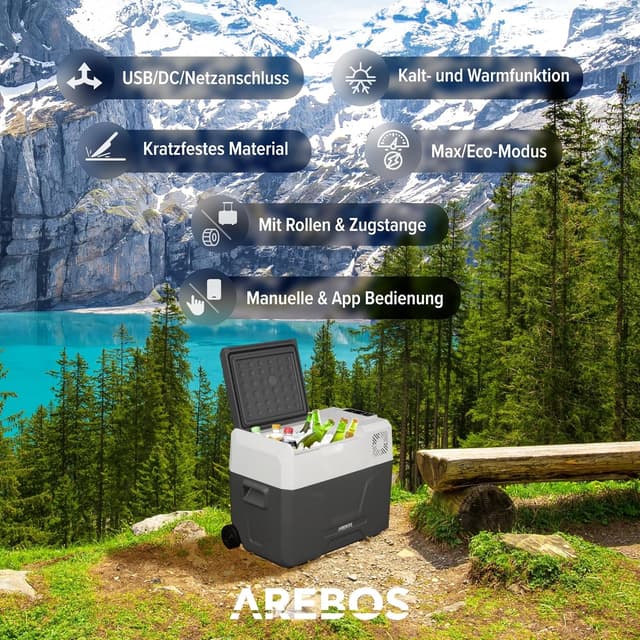 Detalle 2 de Arebos Kompressor-Kühlbox mit Rollen, 39 Liter – App & Smart-Steuerung, bis -20 °C (12/24 V & 230 V)