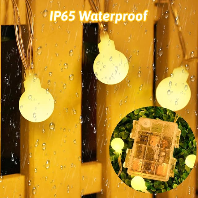 Detalle de FFZZKJ Kugel-Lichterkette mit Batterie, Timer und IP65 (Außen/Innen), 3 m, 20 warmweiße LEDs