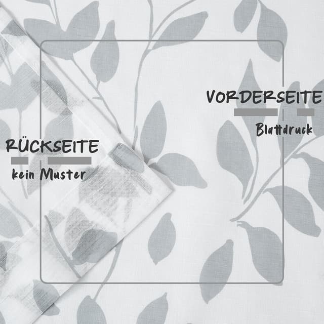 Detalle de Transparente Voile-Gardinen mit Ösen „Graue Blätter auf Weiß“ (2er-Set, 136 x 180 cm / 272 x 180 cm)