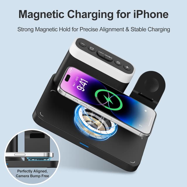 Detalle 2 de ANJANK 5-in-1 MagSafe wireless charging station with digital alarm clock, night lights and Magnetic chargers