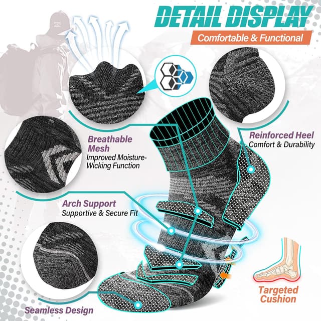 Detalle de ANTSANG 6 Pairs Merino Wool Quarter Socks (Running, Walking, Hiking)