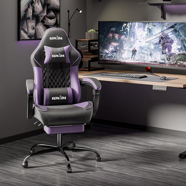 Detalle 2 de SUKIDA Gaming Stuhl mit Fußstütze – ergonomischer Stuhl mit 90–135° Rückenlehne, Lendenwirbelstütze (Blackpurple)