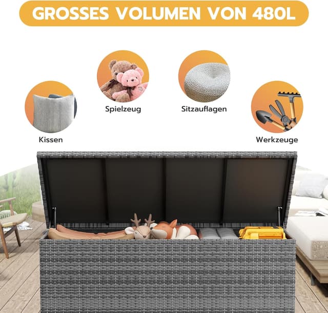 Detalle de UDPATIO Gartenbox wasserdicht 480 l mit Rollen – Auflagen-/Kissenbox für Terrasse, Balkon & Garten in Grau