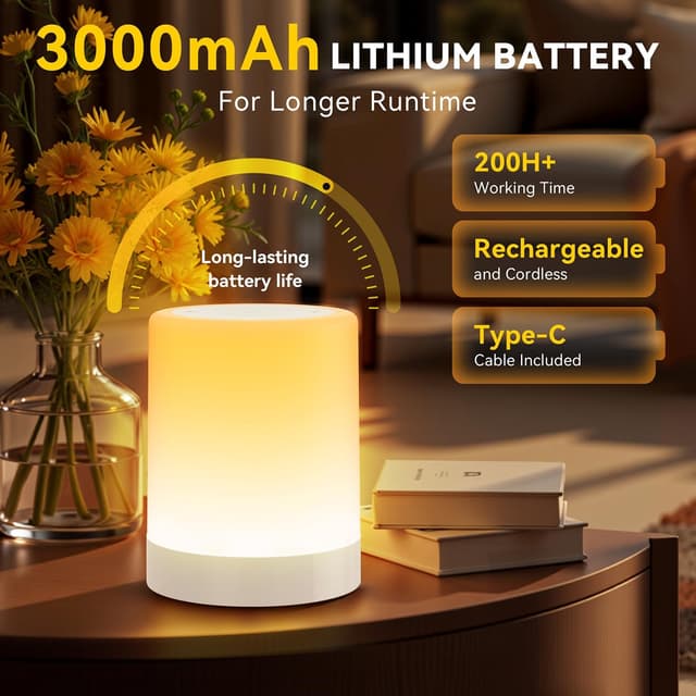 Detalle de Auxmir Night Light 3000mAh Rechargeable LED Table Lamp with Touch Control, RGB & Dimming (White)