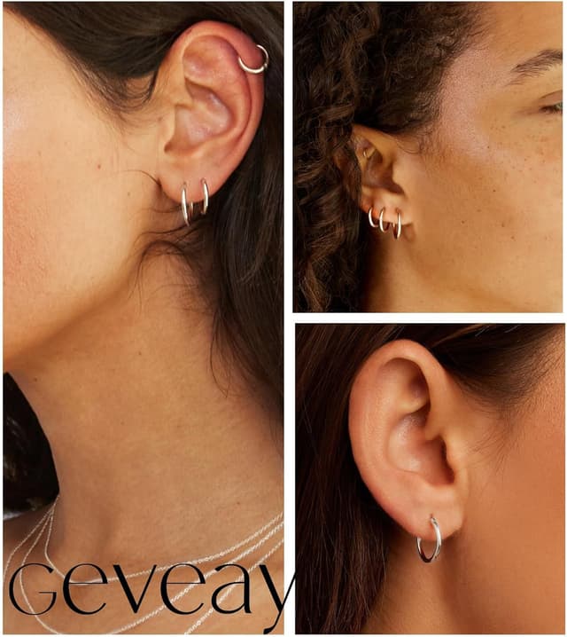 Detalle de Geveay sterling silver hoop earrings set for women (5 pairs) – small huggies, helix and cartilage sizes