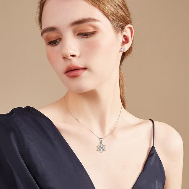Detalle 2 de Cangall Silber Weihnachten Schmuckset Damen (925 Sterling Silber): Schneeflocke Kette & Ohrstecker-Set