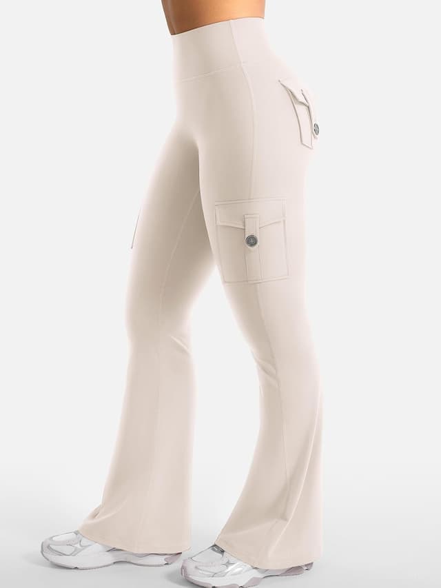 Detalle 2 de YEOREO CoreFlex Damen Flare Leggings mit 4 Taschen, Invisible Scrunch & High Waist – blickdicht für Yoga, Gym und Workout