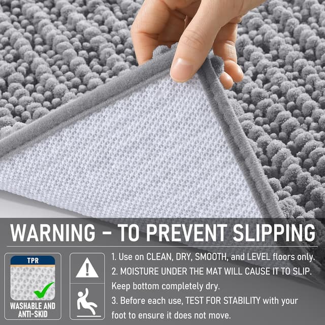 Detalle 2 de OLANLY Chenille Bathroom Rug Mat 24x16 in Grey with Non-Slip TPR Backing