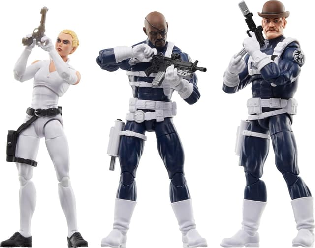 Detalle de Hasbro Marvel Legends S.H.I.E.L.D. Action-Figuren-Set mit Nick Fury Jr., Sharon Carter und Dum Dum Dugan