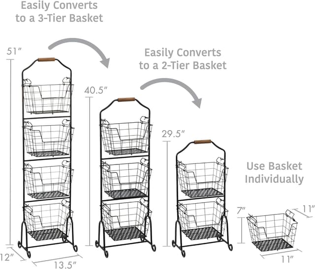 Detalle de Mikasa Gourmet Basics Ferme 4-Tier Market Basket with Antique Black Wire & Acacia Wood Handle
