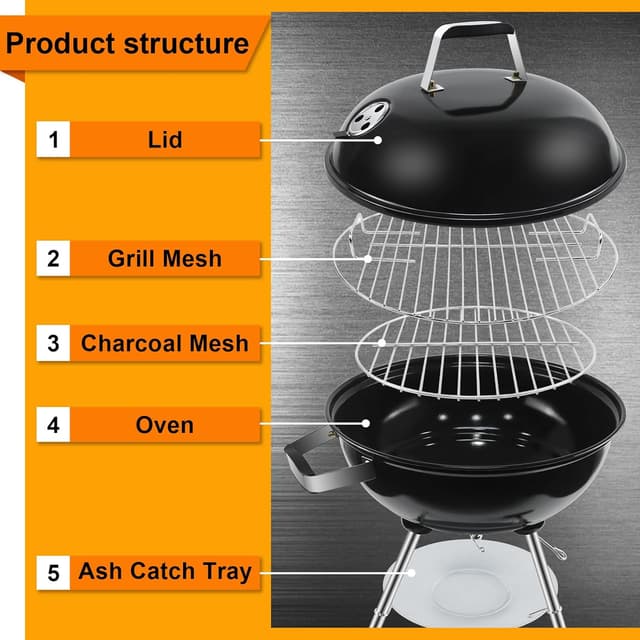 Detalle de kisidus Kugelgrill Holzkohlegrill mit porzellanemailliertem Deckel, Dreibein & Rädern (51 x 46,5 x 78 cm)