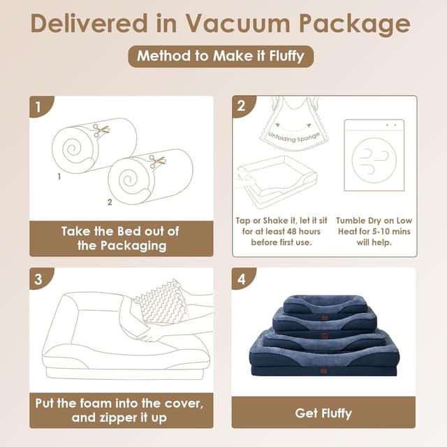 Thumbnail 6 de EHEYCIGA Memory Foam Dog Bed (Large) with Sides & Waterproof Liner, Navy Blue, 91x68x17cm