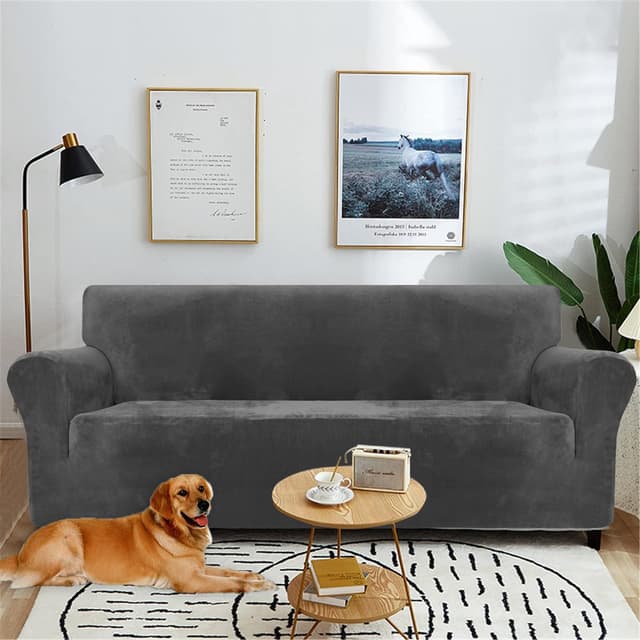 Detalle 2 de YSTELLAA housse de canapé en velours extensible 2 places universelle avec accoudoirs – gris