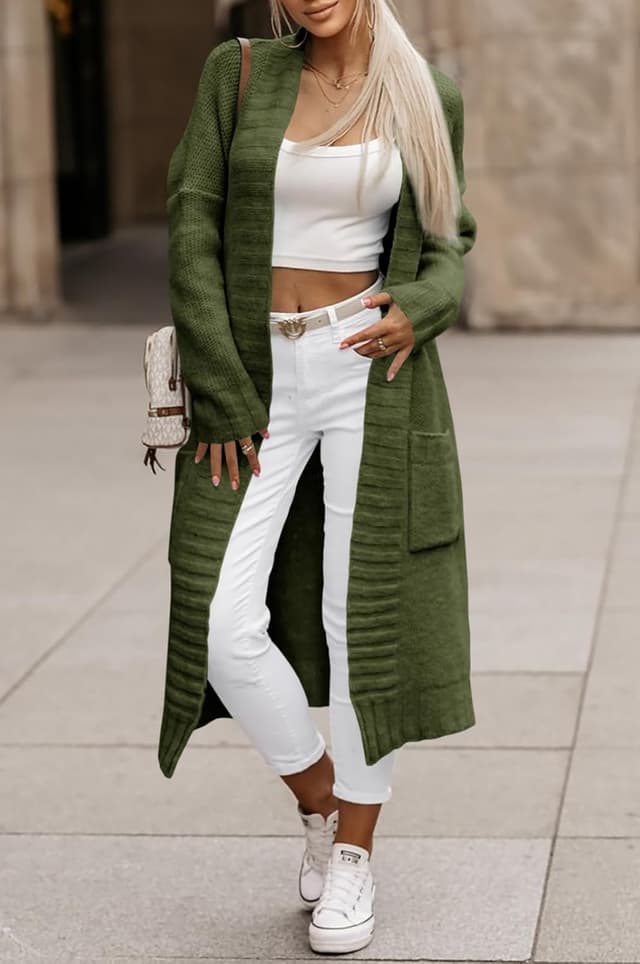 Detalle 2 de Imily Bela Damen Strickjacke mit Taschen – langer Grobstrick Cardigan mit offener Front für Herbst & Winter