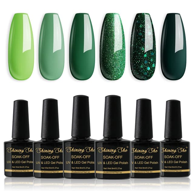 Detalle 2 de Shining She UV-Gel Nagellack Set Grün mit 6 Farben (Glitzergrün & Dunkelgrün), 8 ml pro Flasche