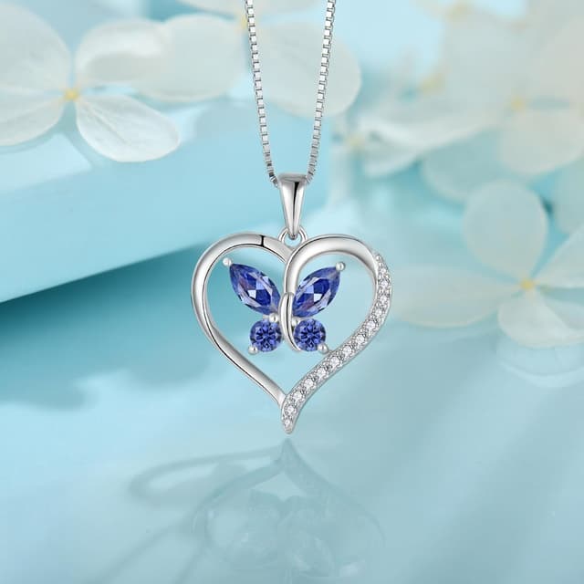 Detalle de FJ Herz Schmetterling Kette aus 925 Sterlingsilber mit Geburtsstein & Anhänger (Damen)