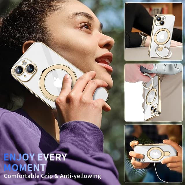Detalle 2 de Pmteyoim Magnetic iPhone 13 Case with Invisible Stand, Full Camera Lens Protector & Military Drop Protection (Clear Slim Gold)