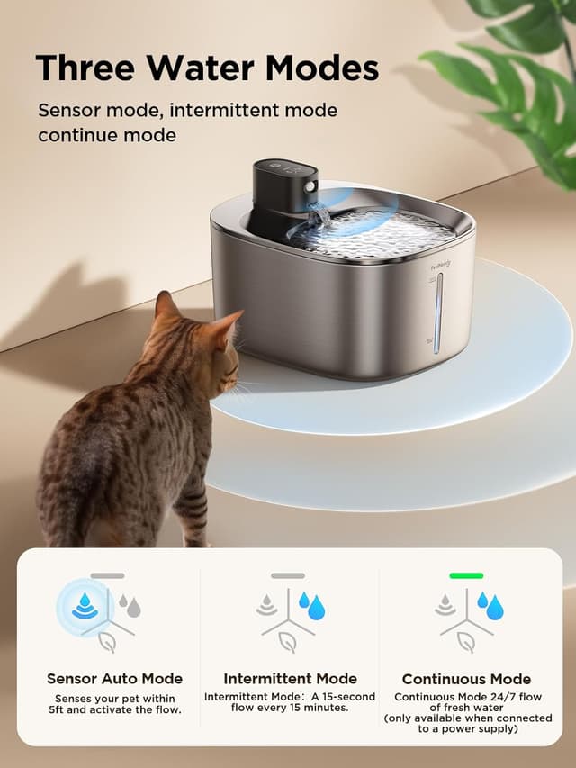 Detalle de FEELNEEDY kabelloser Trinkbrunnen für Katzen aus Edelstahl (4 l) mit Sensor, Akku 4000 mAh und 2 Filter