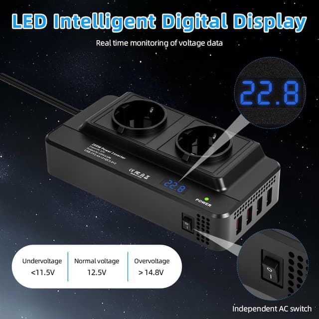 Detalle de URAQT Convertisseur 12V CC vers 230V CA 200W pour voiture avec 2 prises AC et 4 ports USB (QC 3.0)