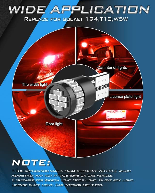 Detalle de KATUR 194 LED Light Bulb in Brilliant Red (CANBUS Error Free) – 24-SMD 3014, W5W/T10/T194 wedge replacement (4pcs)