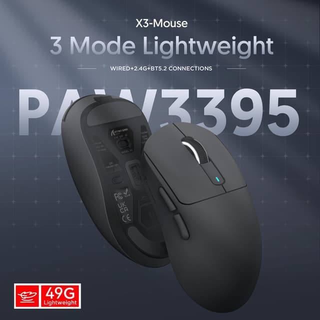 Detalle 2 de ATTACK SHARK X3 49g Superlight gaming mouse with PixArt PAW3395 (BT/2.4G wired), up to 26,000 DPI, 200 hours battery