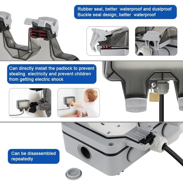 Detalle de Anesty Outdoor Socket – IP66 waterproof 2-gang double plug with 3m extension lead