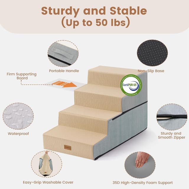 Detalle de Gardner Pet Dog Steps for Bed (47cm H) – 4-Step Extra Wide, Waterproof Ramp with Non-Slip Cover