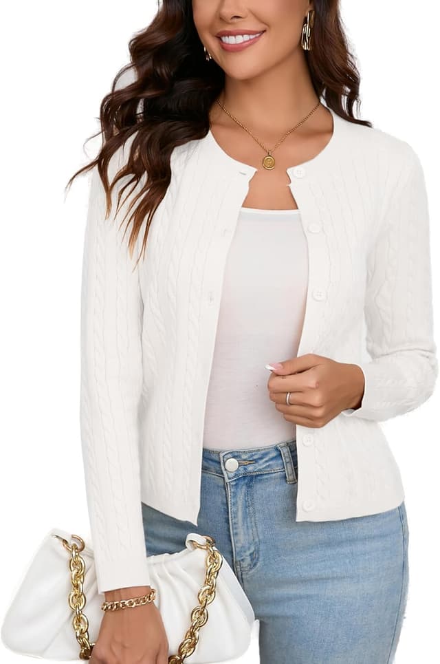 Detalle de Dosieyeo Damen Strickjacke Elegant mit Zopfmuster – kurzarmarmiger Cardigan mit Knopfleiste (Rundhals)