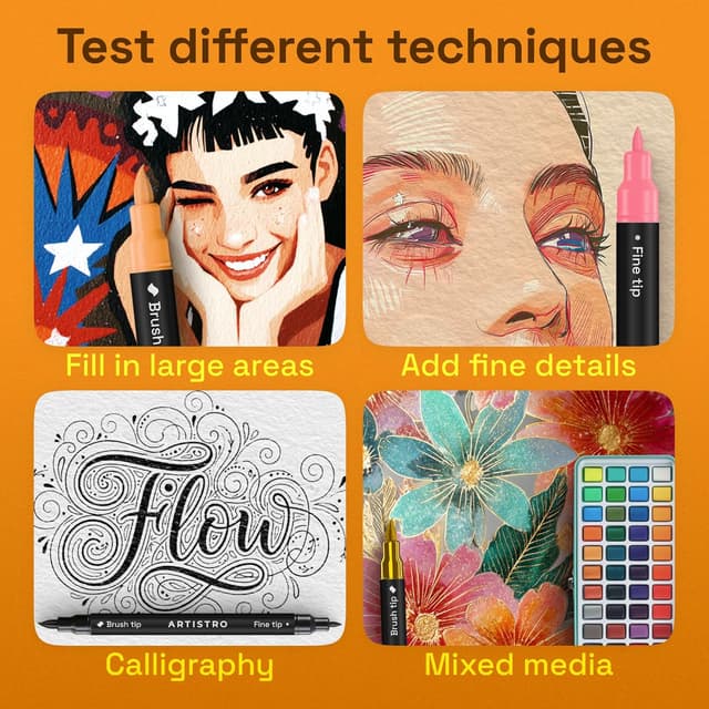 Detalle de Artistro ARTISTRO 36 Acrylic Paint Markers (Dual-Tip Brush + Fine) for Fabric, Glass, Wood & DIY