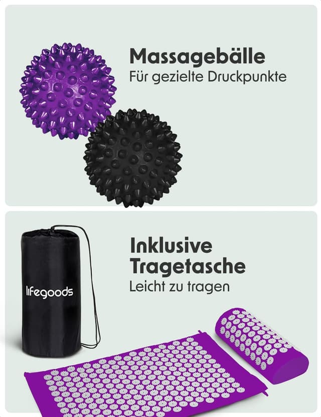 Detalle 2 de LifeGoods Akupressurmatte mit Kissen – Akupunktur-/Schmerz- & Stressmassage für Rücken und Nacken