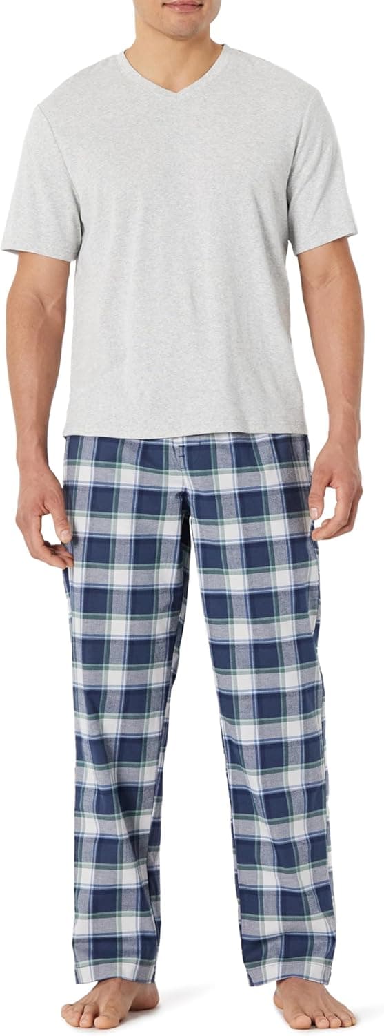 Detalle de Amazon Essentials Herren Pyjama-Set aus Baumwoll-Stretch-Popeline mit T-Shirt aus Baumwoll-Jersey